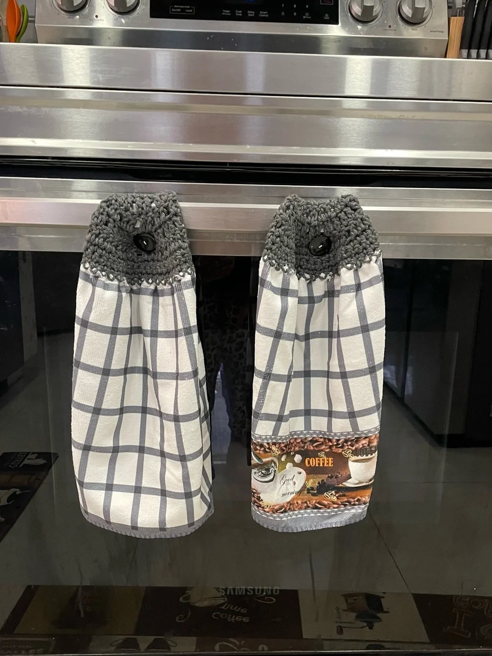Handmade Coffee Design Black & White Plaid Kitchen Hanging Towels - Set of 2.
